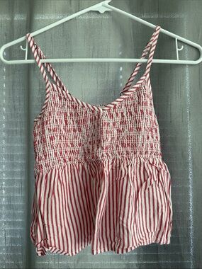 Hollister Red and White Striped Smocked Tank Top